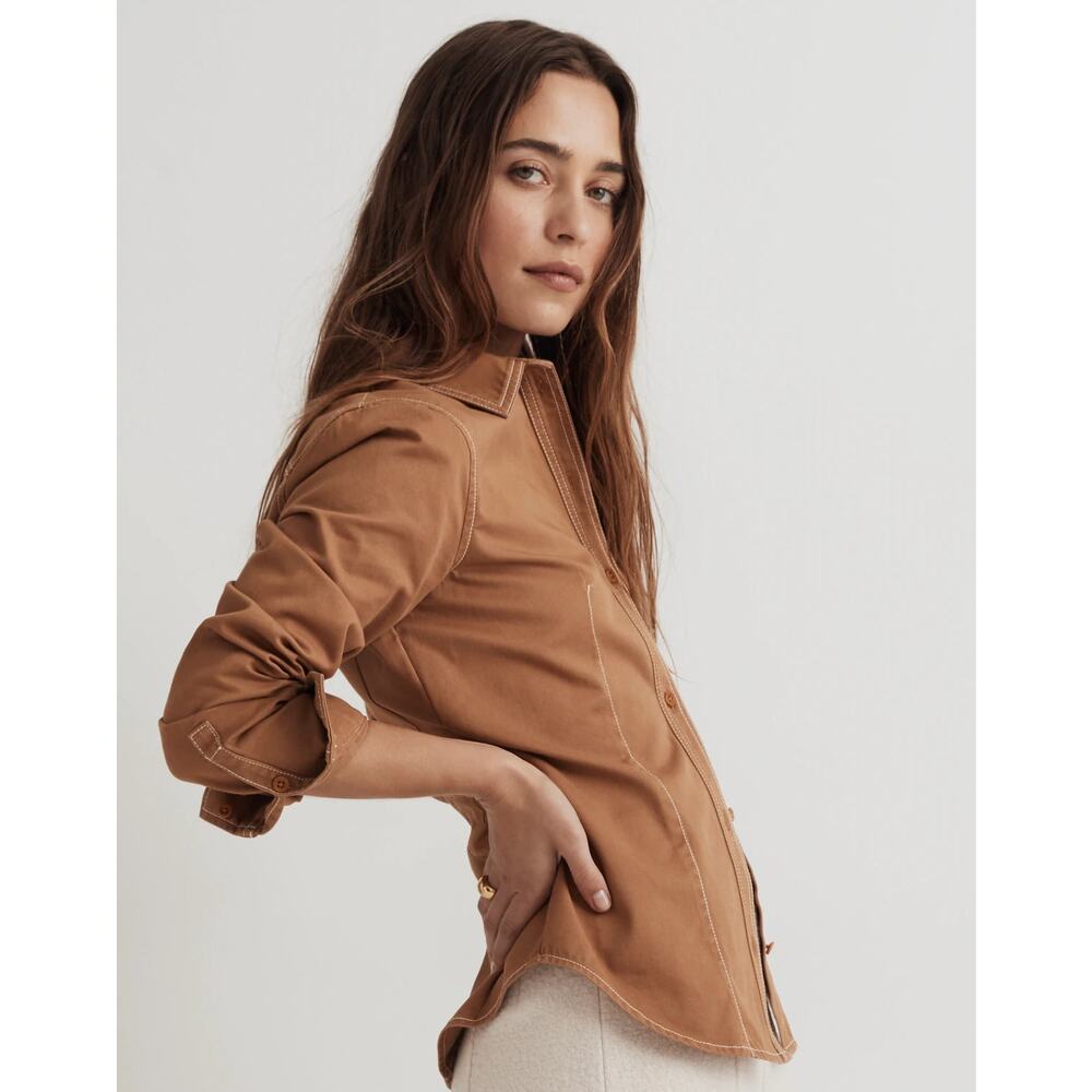 Madewell Darted Button-Up Long Sleeve Collared Shirt Brown Womens Size 12 - Picture 2 of 11